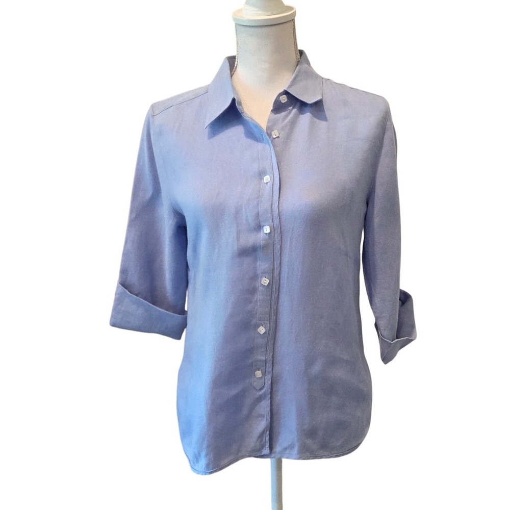 Talbots Irish Linen Button Down Shirt Cuffed 3/4 Sleeve Blue Coastal Preppy 8P